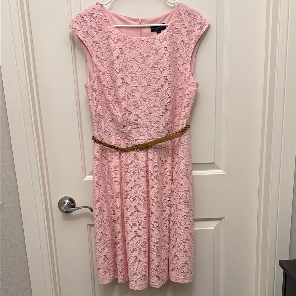 Connected Apparel Pink Lace Midi‎ Dress with Braided Tan Belt